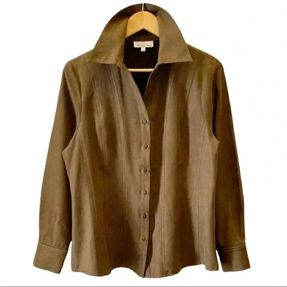 Urban Cotton Western Shirt Faux Suede Long Sleeve Button Front Brown Large - Picture 1 of 16